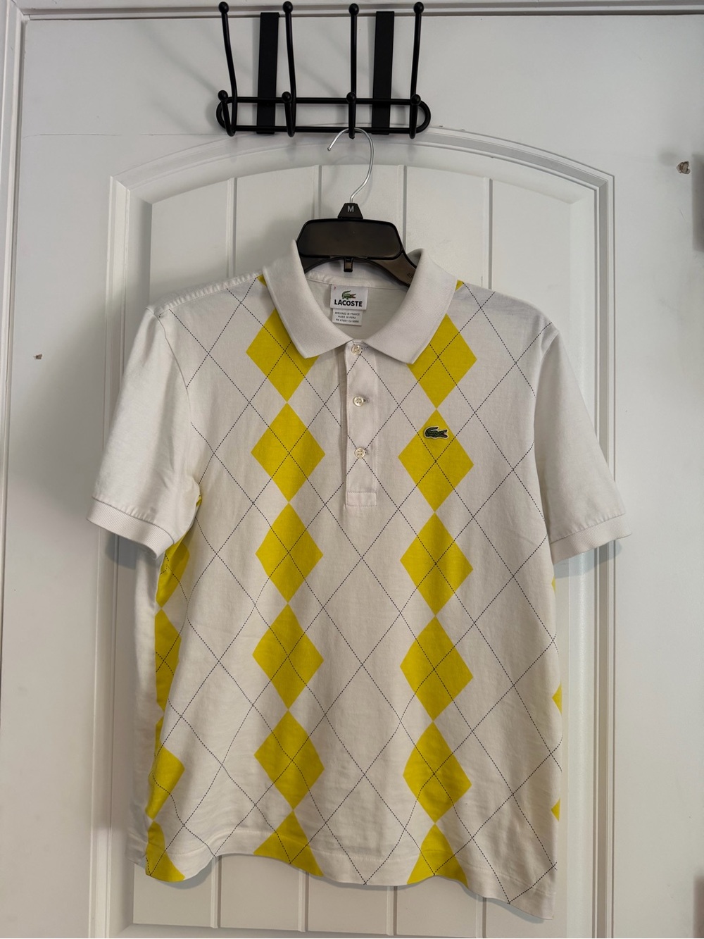 Lacoste White Polo with Yellow Argyle Diamonds